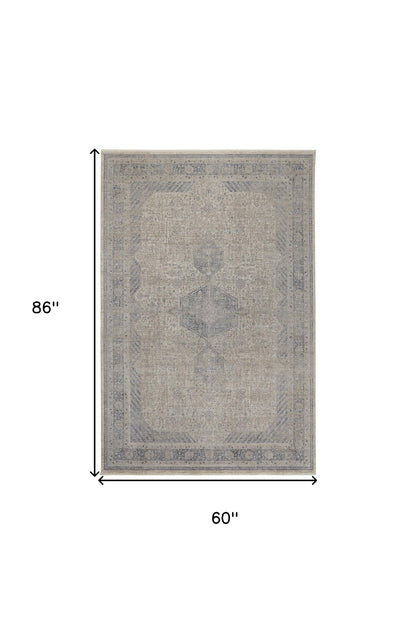5 x 7 Gray Blue & Taupe Oriental Power Loom Rug With Fringe