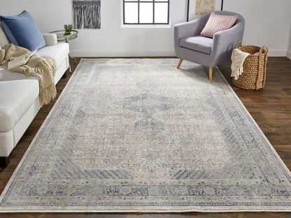 12 x 15 Gray Blue & Taupe Oriental Power Loom Rug With Fringe
