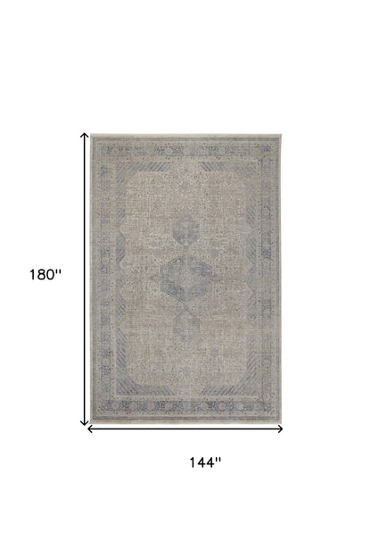 12 x 15 Gray Blue & Taupe Oriental Power Loom Rug With Fringe