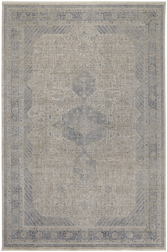 12 x 15 Gray Blue & Taupe Oriental Power Loom Rug With Fringe