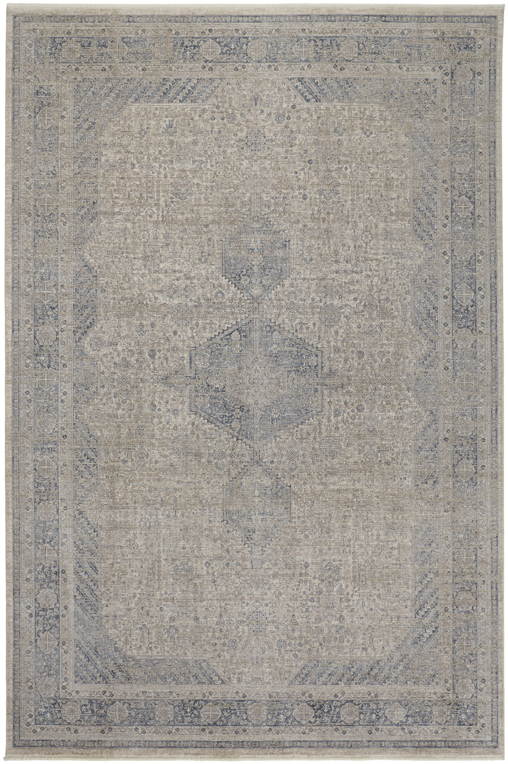 12 x 15 Gray Blue & Taupe Oriental Power Loom Rug With Fringe