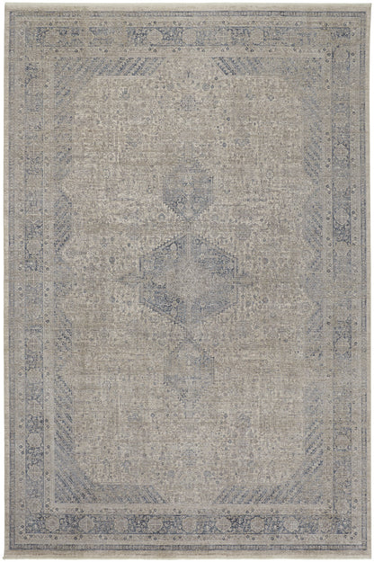 12 x 15 Gray Blue & Taupe Oriental Power Loom Rug With Fringe