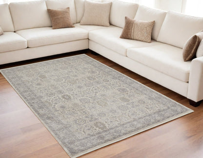 5 x 7 Gray & Ivory Oriental Power Loom Rug With Fringe