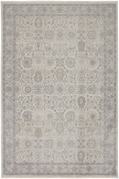 8 x 10 Gray & Ivory Oriental Power Loom Rug With Fringe