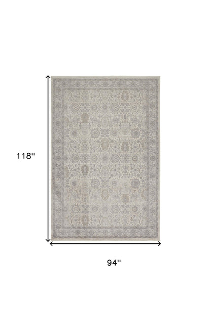 8 x 10 Gray & Ivory Oriental Power Loom Rug With Fringe