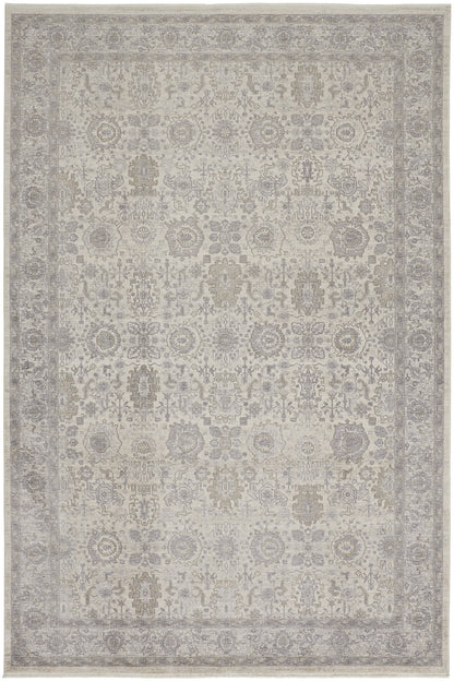8 x 10 Gray & Ivory Oriental Power Loom Rug With Fringe