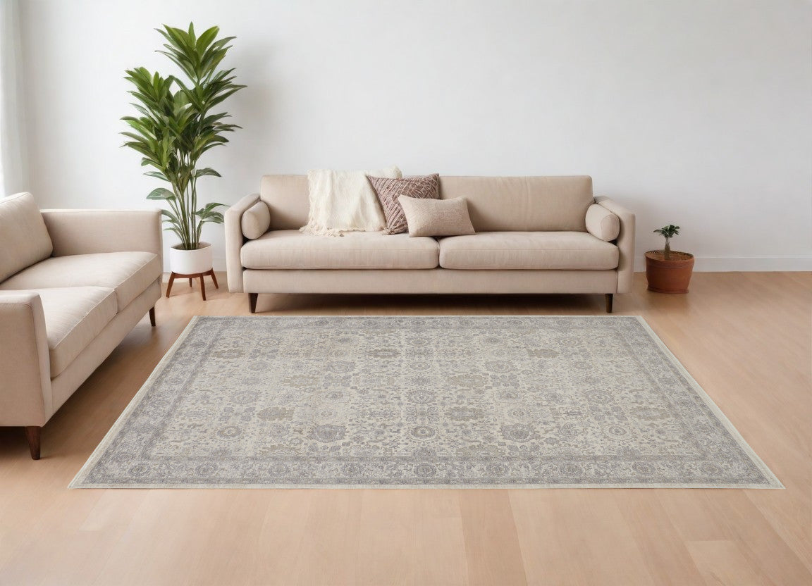 12 x 15 Gray & Ivory Oriental Power Loom Rug With Fringe