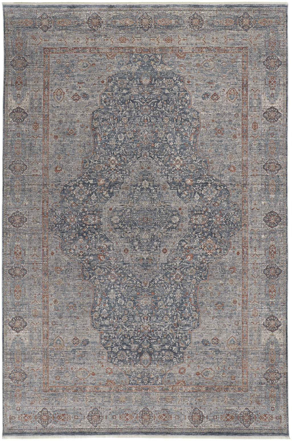 5 x 7 Gray Blue & Red Oriental Power Loom Rug With Fringe
