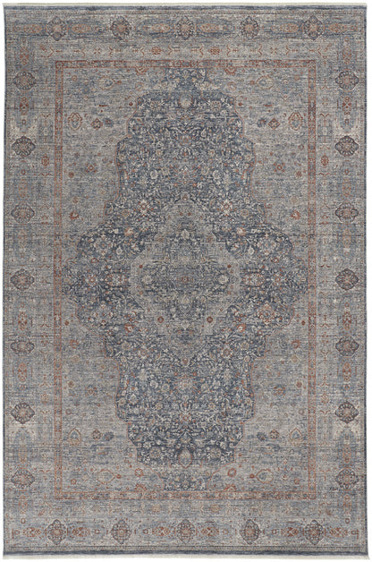 5 x 7 Gray Blue & Red Oriental Power Loom Rug With Fringe