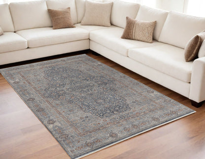 5 x 7 Gray Blue & Red Oriental Power Loom Rug With Fringe