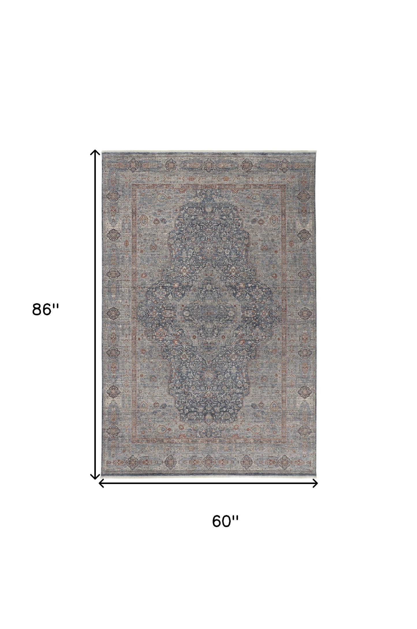 5 x 7 Gray Blue & Red Oriental Power Loom Rug With Fringe