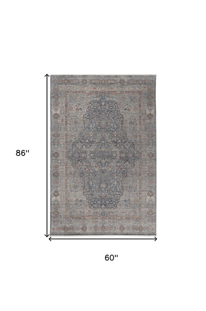 5 x 7 Gray Blue & Red Oriental Power Loom Rug With Fringe