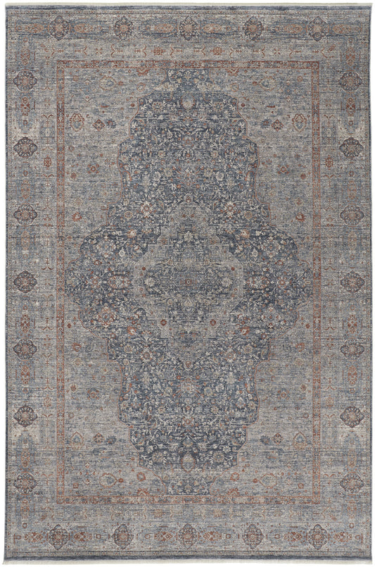 5 x 7 Gray Blue & Red Oriental Power Loom Rug With Fringe