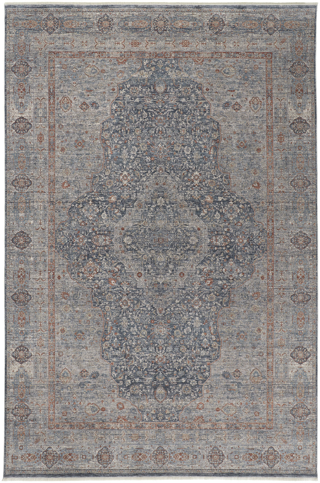 5 x 7 Gray Blue & Red Oriental Power Loom Rug With Fringe