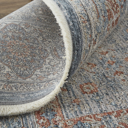 8 x 10 Gray Blue & Red Oriental Power Loom Rug With Fringe