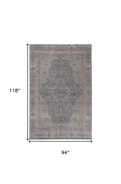 8 x 10 Gray Blue & Red Oriental Power Loom Rug With Fringe