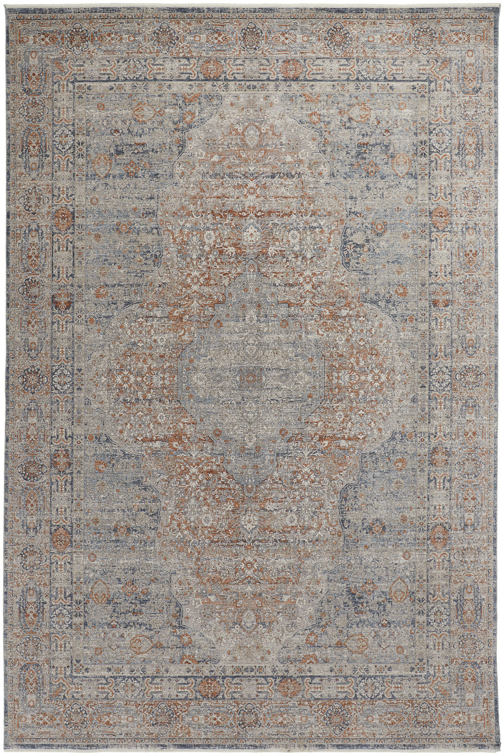 5 x 7 Gray Ivory & Orange Oriental Power Loom Rug With Fringe