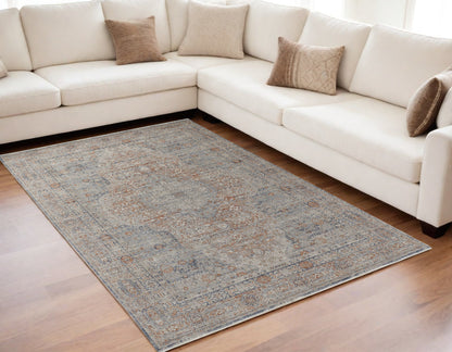 5 x 7 Gray Ivory & Orange Oriental Power Loom Rug With Fringe
