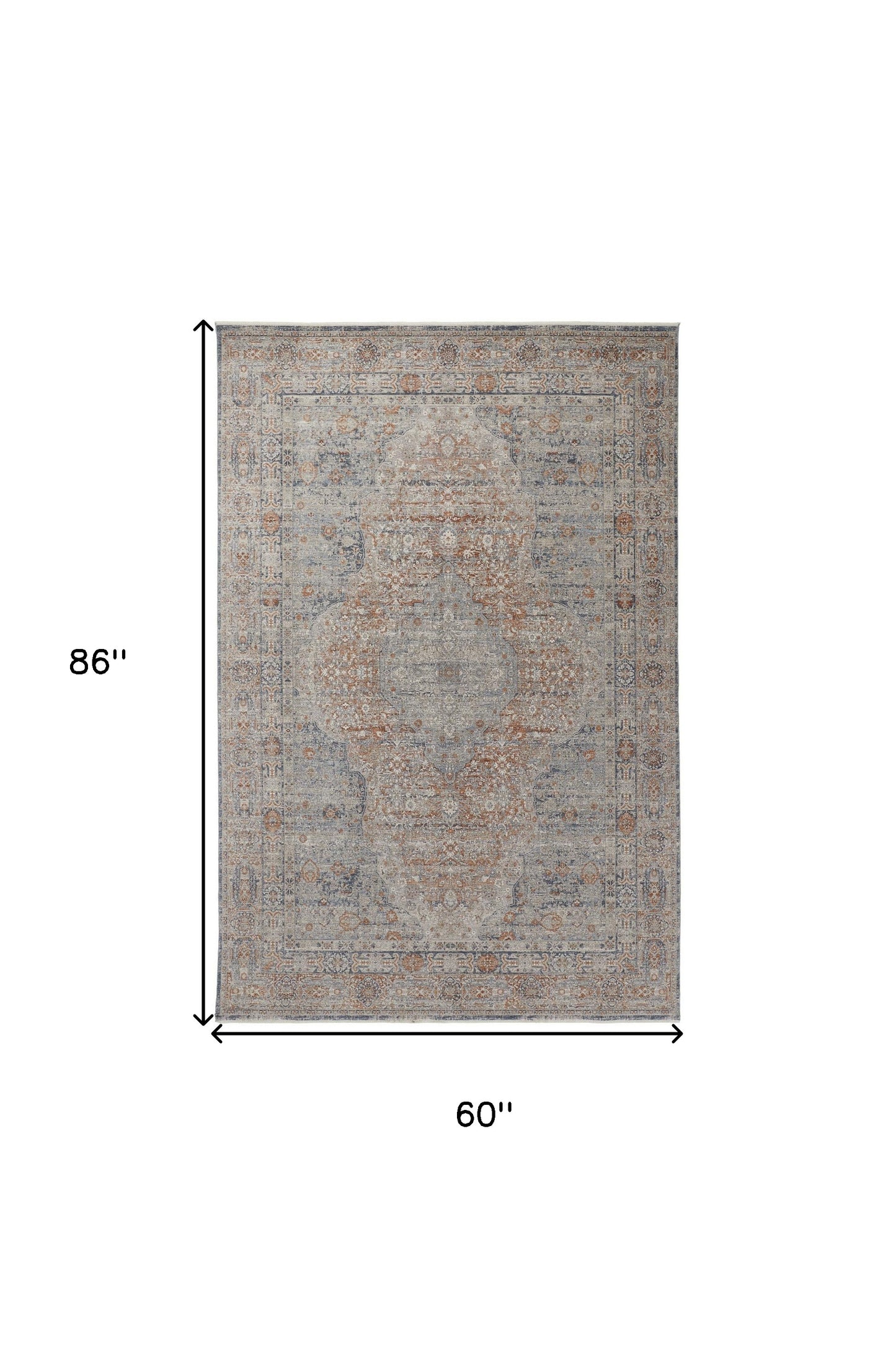 5 x 7 Gray Ivory & Orange Oriental Power Loom Rug With Fringe