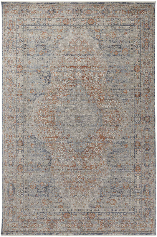 5 x 7 Gray Ivory & Orange Oriental Power Loom Rug With Fringe