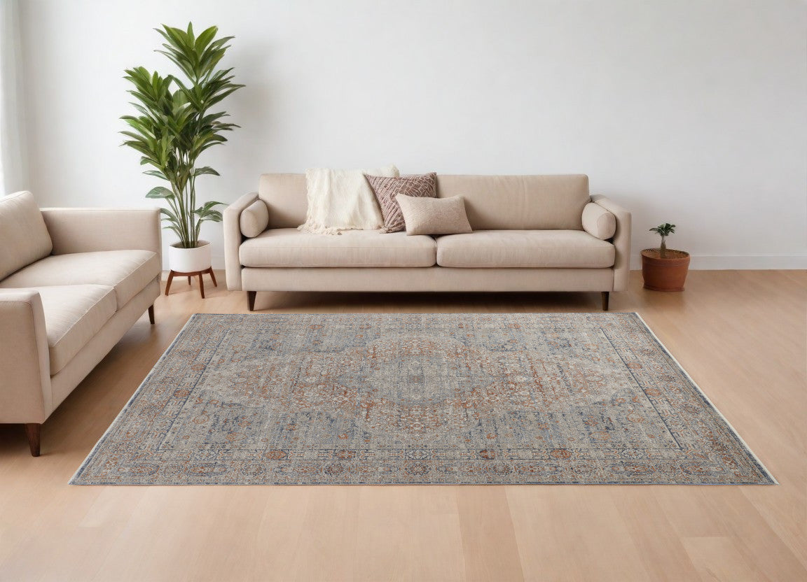 12 x 15 Gray Ivory & Orange Oriental Power Loom Rug With Fringe