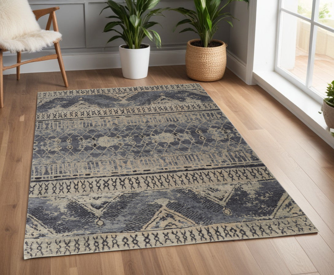 4 x 6 Gray Blue & Ivory Wool Floral Hand Knotted Rug