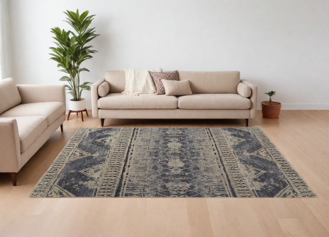 8 x 10 Gray Blue & Ivory Wool Floral Hand Knotted Rug