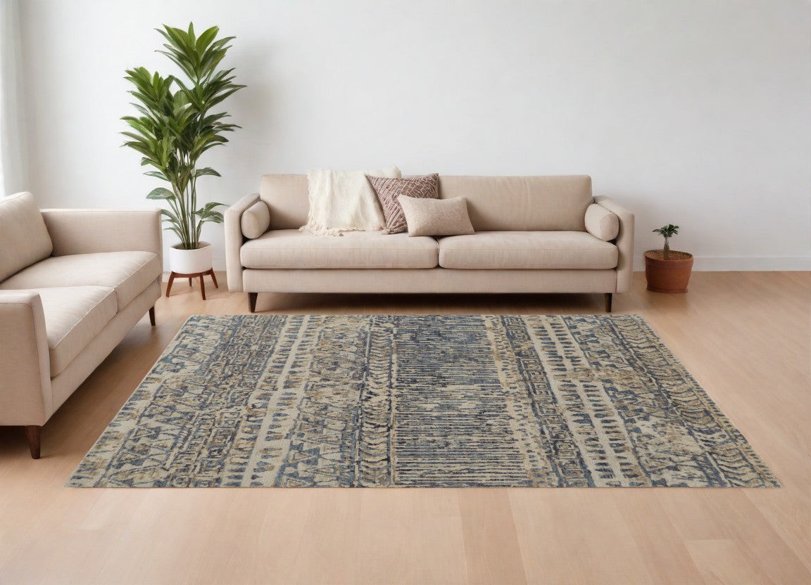 8 x 10 Gray & Blue Wool Geometric Hand Knotted Rug