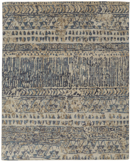 8 x 10 Gray & Blue Wool Geometric Hand Knotted Rug