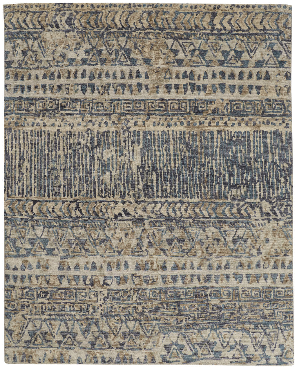 8 x 10 Gray & Blue Wool Geometric Hand Knotted Rug
