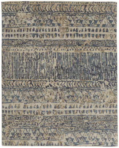 8 x 10 Gray & Blue Wool Geometric Hand Knotted Rug