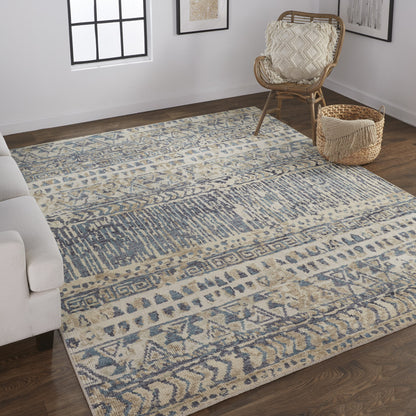 8 x 10 Gray & Blue Wool Geometric Hand Knotted Rug