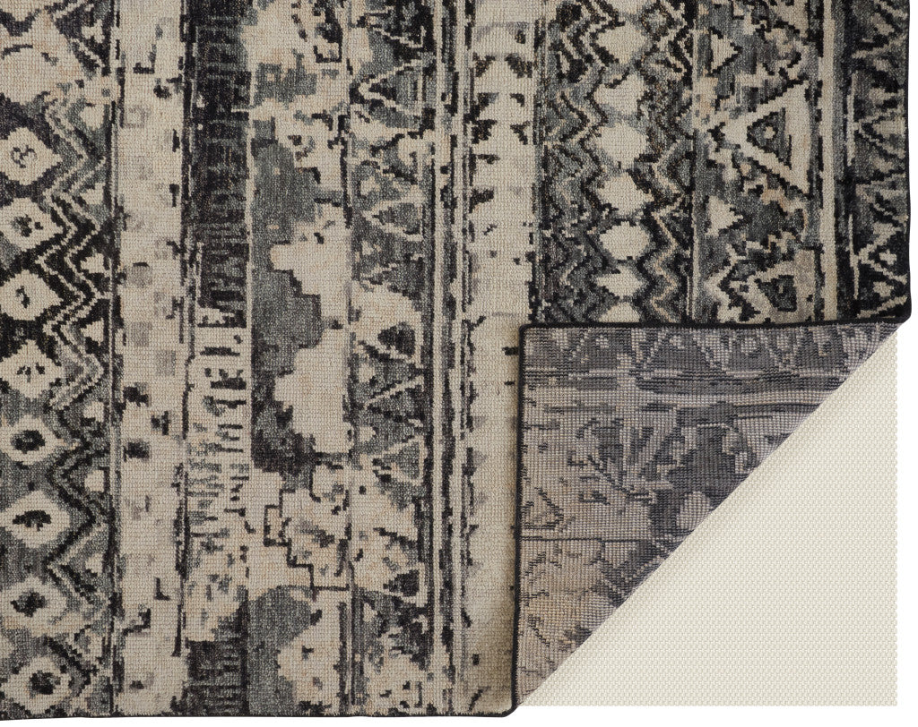 8 x 10 Ivory Gray & Black Wool Geometric Hand Knotted Rug