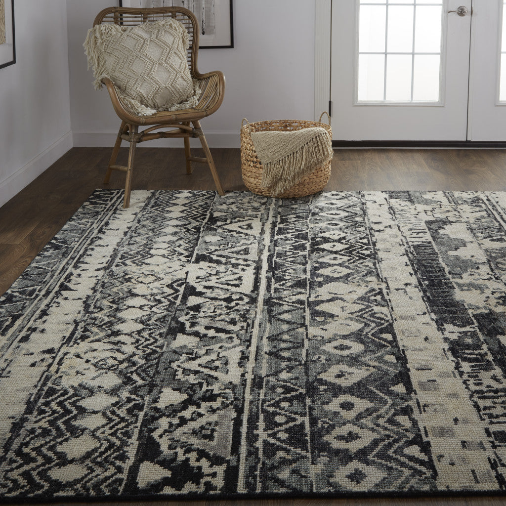8 x 10 Ivory Gray & Black Wool Geometric Hand Knotted Rug