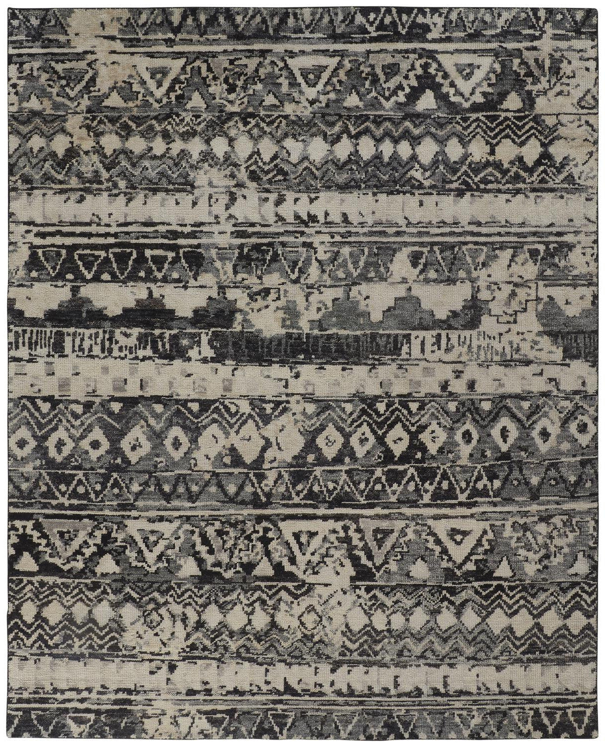 8 x 10 Ivory Gray & Black Wool Geometric Hand Knotted Rug