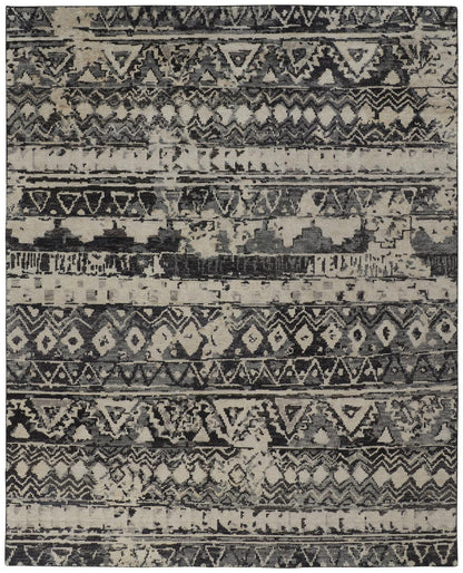 8 x 10 Ivory Gray & Black Wool Geometric Hand Knotted Rug