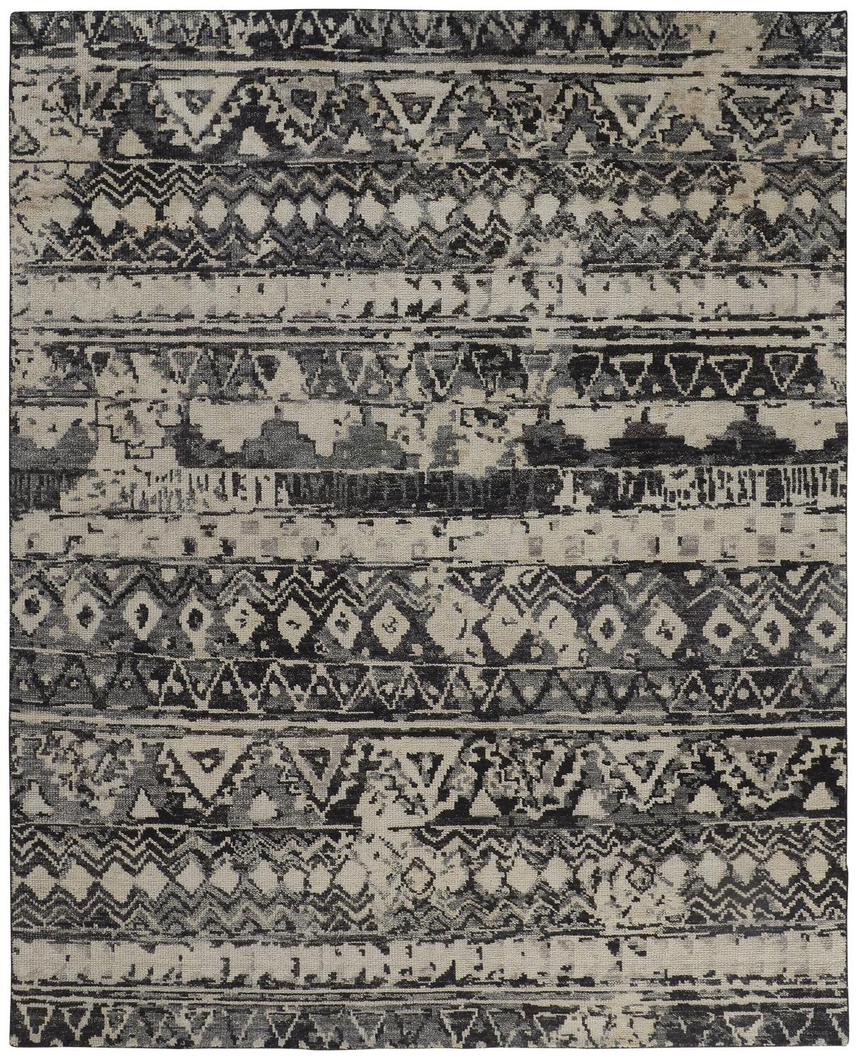8 x 10 Ivory Gray & Black Wool Geometric Hand Knotted Rug