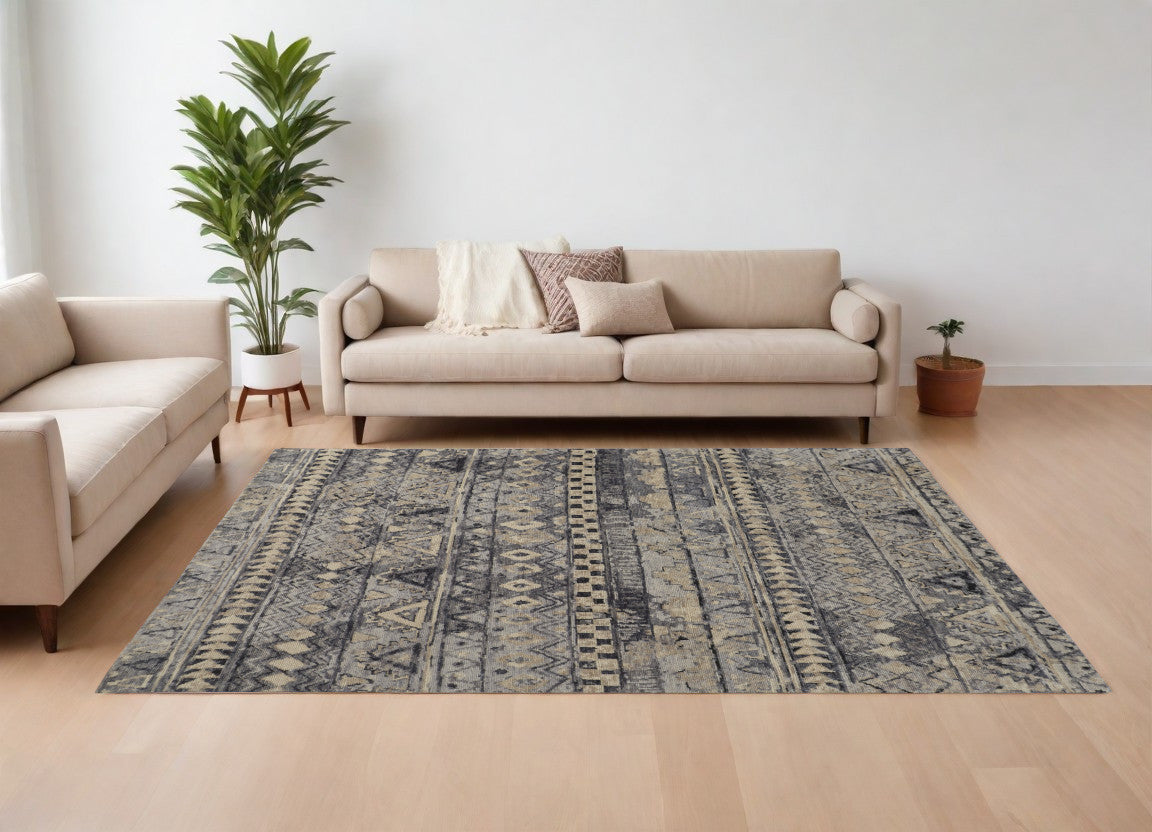 8 x 10 Taupe Gray & Tan Wool Geometric Hand Knotted Rug