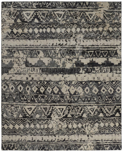 8 x 10 Taupe Gray & Tan Wool Geometric Hand Knotted Rug