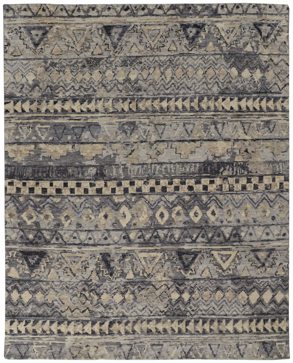 8 x 10 Taupe Gray & Tan Wool Geometric Hand Knotted Rug