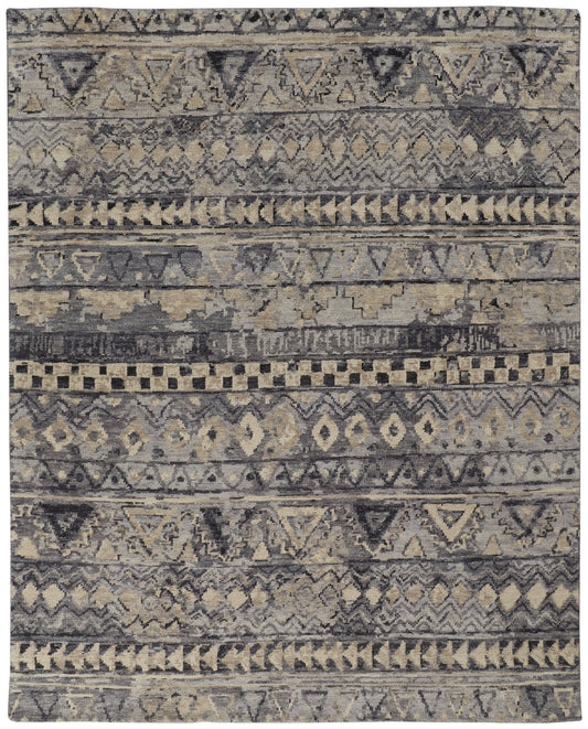 8 x 10 Taupe Gray & Tan Wool Geometric Hand Knotted Rug