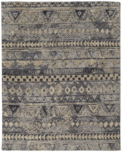 8 x 10 Taupe Gray & Tan Wool Geometric Hand Knotted Rug