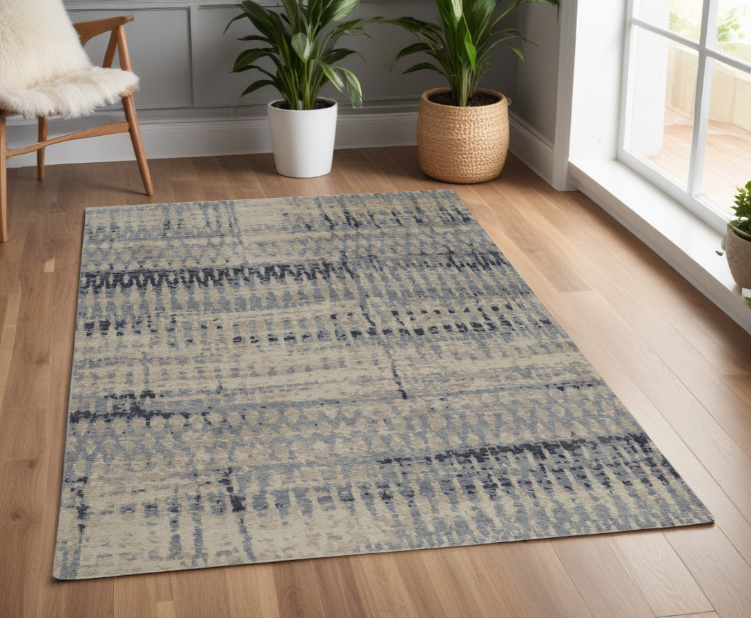 4 x 6 Gray Blue & Ivory Wool Hand Knotted Rug