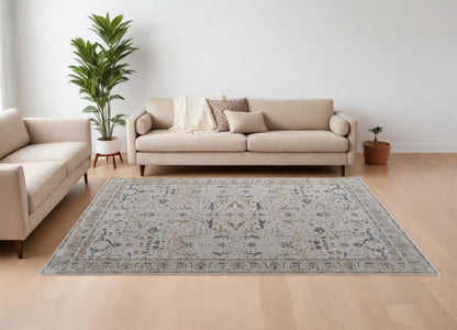 8 x 10 Gray Blue & Red Ikat Power Loom Rug With Fringe