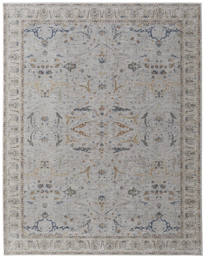 8 x 10 Gray Blue & Red Ikat Power Loom Rug With Fringe
