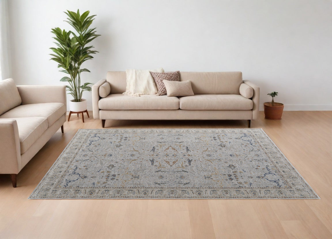 8 x 10 Gray Blue & Red Ikat Power Loom Rug With Fringe