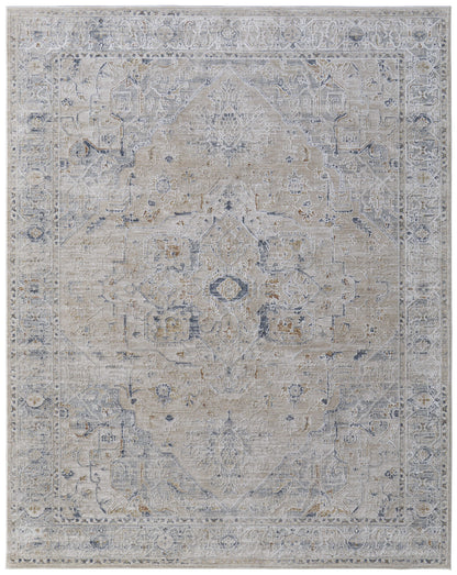 8 x 10 Ivory Taupe & Blue Oriental Power Loom Rug With Fringe