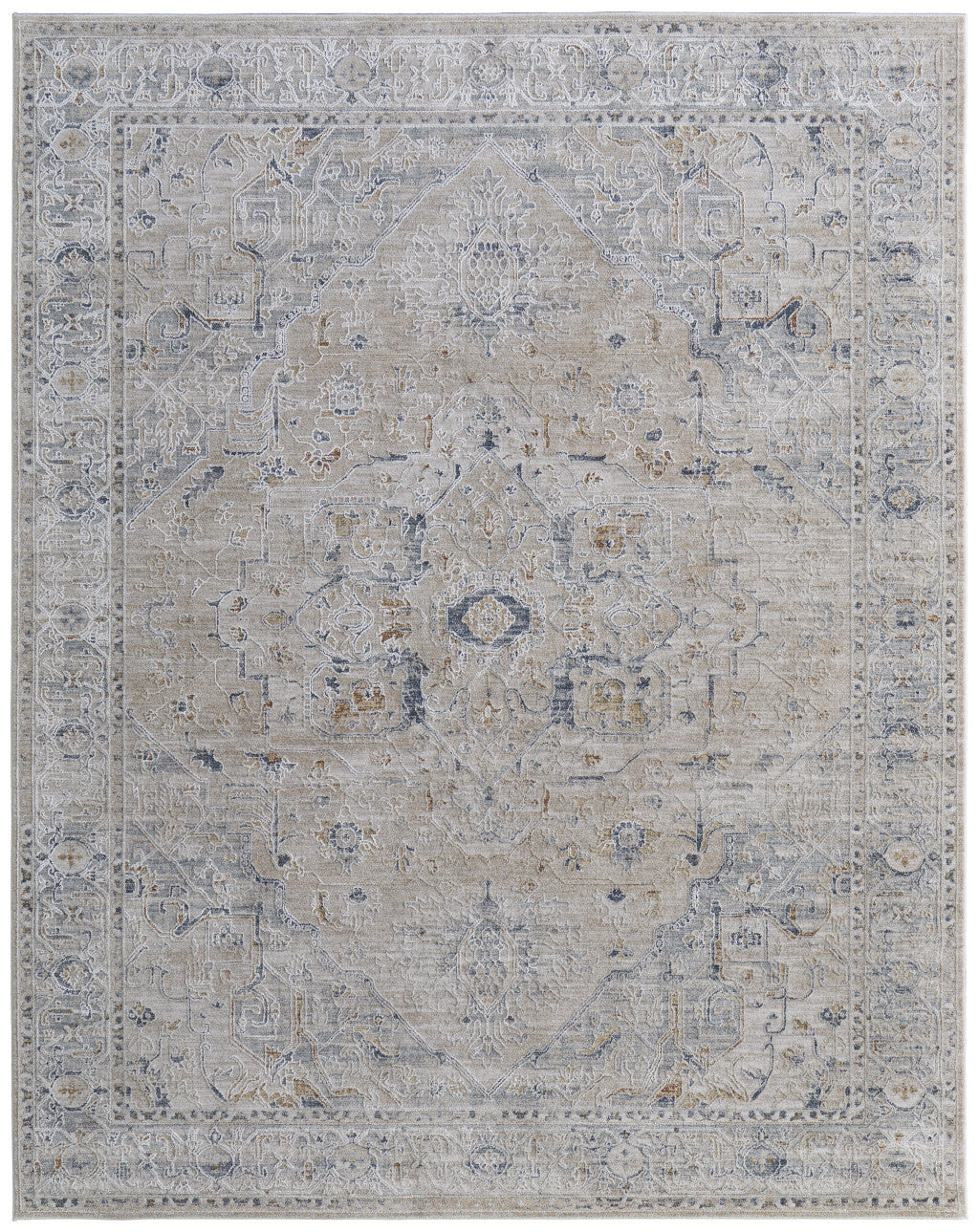 8 x 10 Ivory Taupe & Blue Oriental Power Loom Rug With Fringe