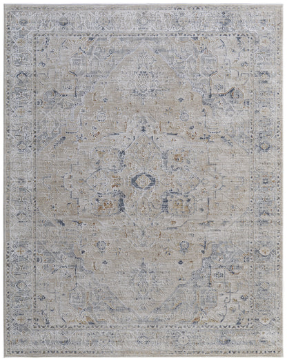 8 x 10 Ivory Taupe & Blue Oriental Power Loom Rug With Fringe