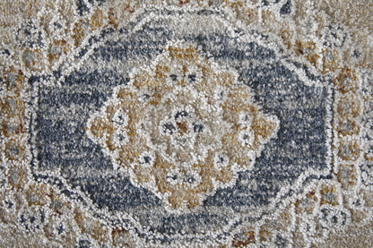 8 x 10 Ivory Taupe & Blue Oriental Power Loom Rug With Fringe